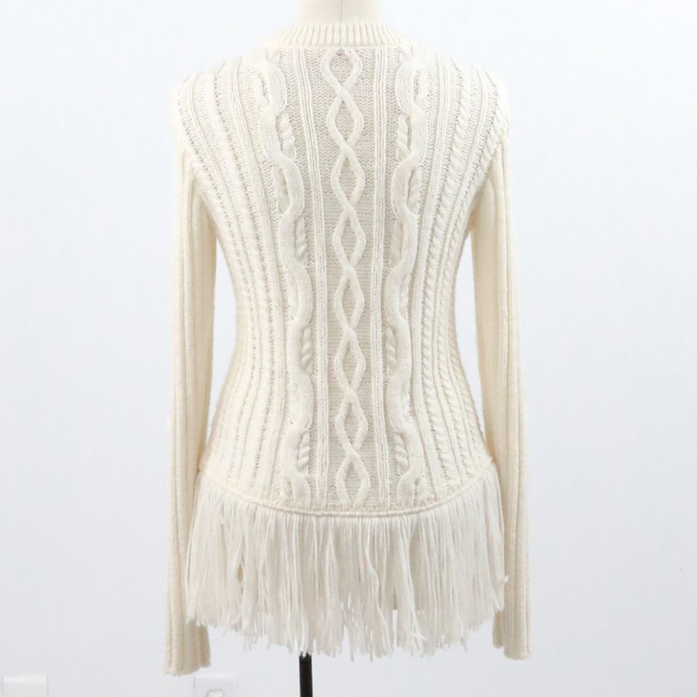 Tory Burch S Wool Fringe Cable Knit Sweater Cream - Picture 6 of 10